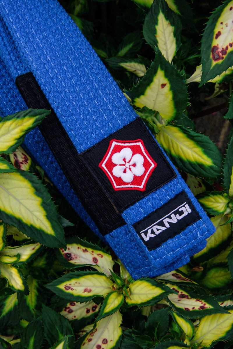 Blue KANJI KATANA BJJ belt among green foliage
