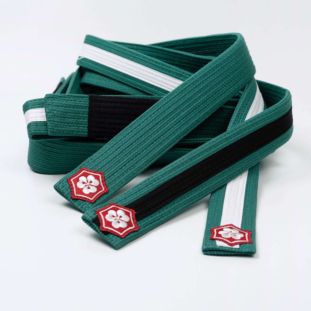 Green KANJI TANTO youth BJJ belts with white and black rank bars