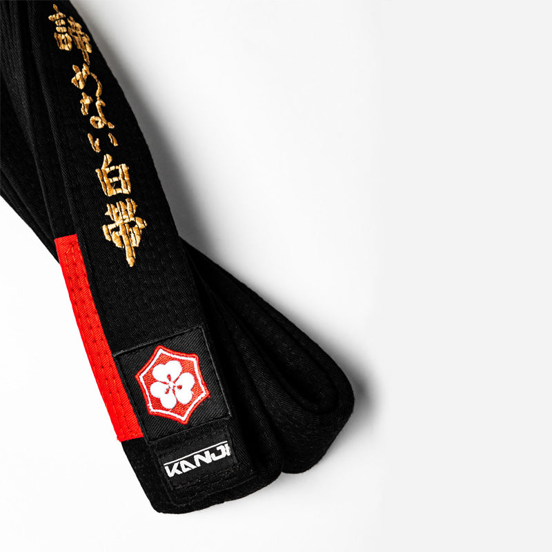 A WHITE BELT WHO NEVER QUIT EDITION — ORIGINAL gold embroidery close-up