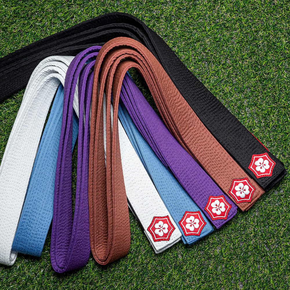 KANJI Classic BJJ belts in black, brown, purple, blue, and white on training turf