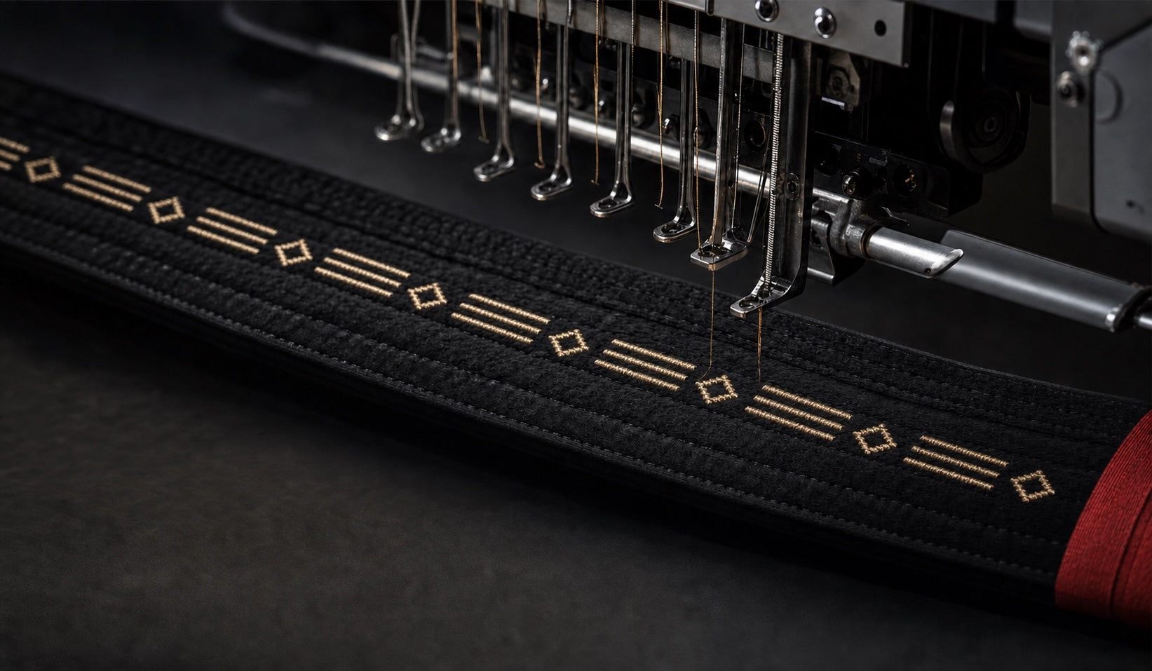 Custom embroidered black belt detail