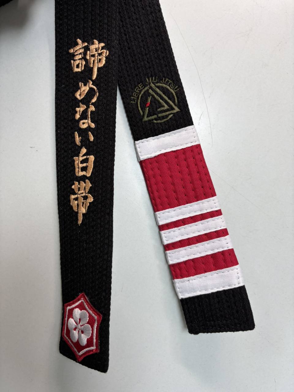 Gold Japanese characters stacked vertically toward the KANJI logo on a black belt